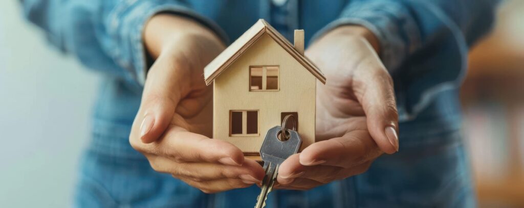 Eine Hand hält ein Modellhaus mit einem Schlüssel für Immobilienverkauf und Marktwertermittlung, eine effektive Verkaufsstrategie.