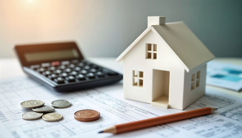 Ein Modellhaus, Münzen und ein Taschenrechner symbolisieren Immobilienfinanzierung und Finanzierungsberatung zur Kapitalanlage.